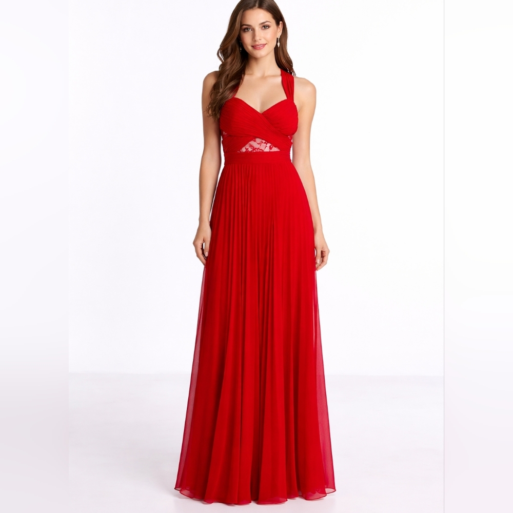 Betsy & Adam‎ Red Pleated Lace Cutout Maxi Dress 8